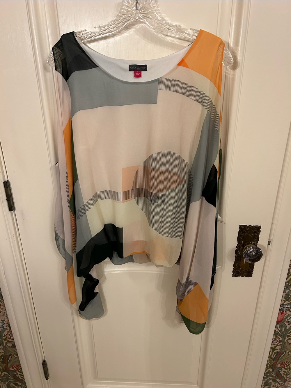 Vince Camuto Geometric Print Sheer Cold Shoulder Top Cream, Gray, Mustard, Black